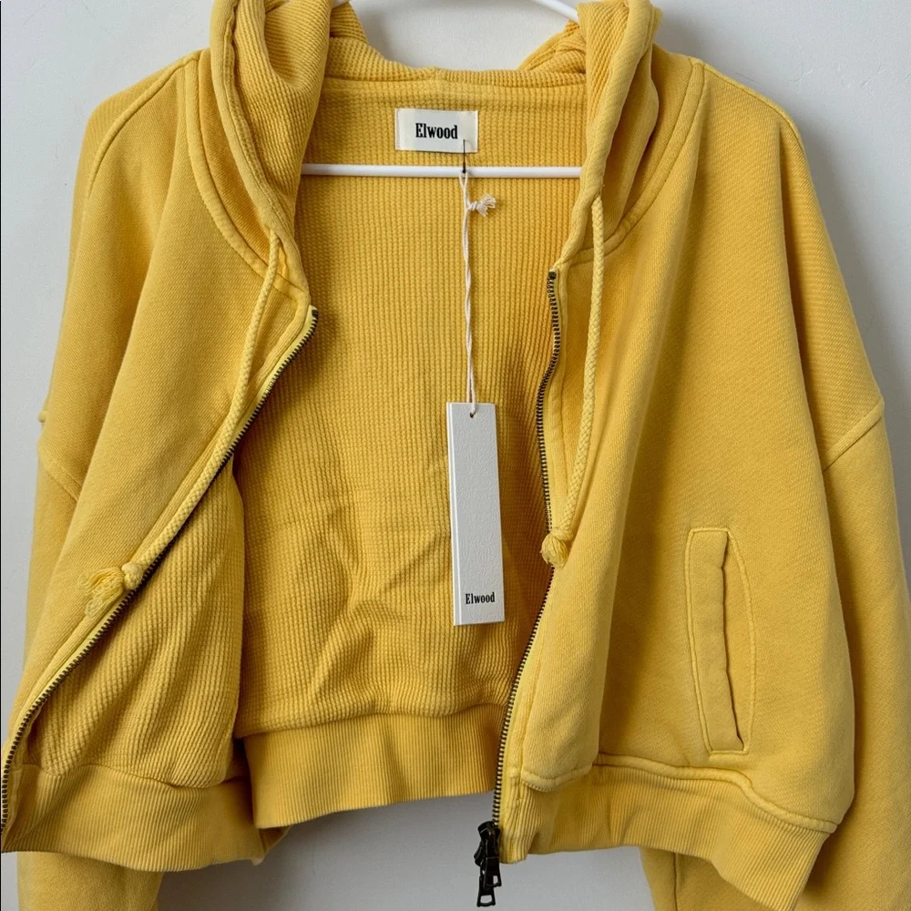 Elwood Cropped Yellow Thick Waffle Knit Lined Hoodie Size: L - Picture 4 of 7